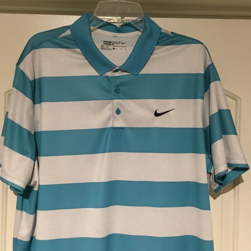 Nike Men's Teal and White Striped Polo Shirt